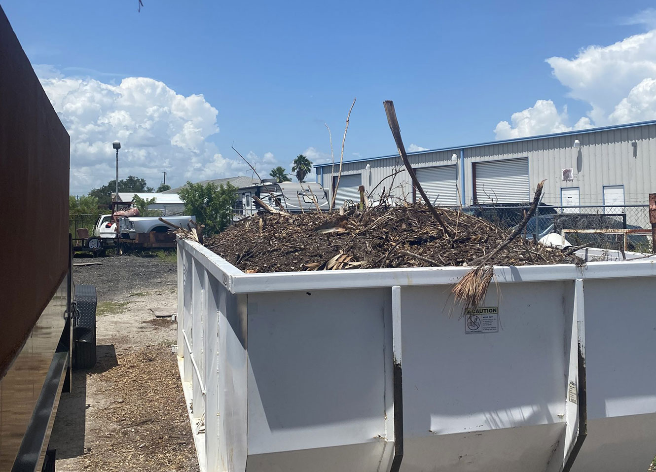a white dumpster rental full of sticks